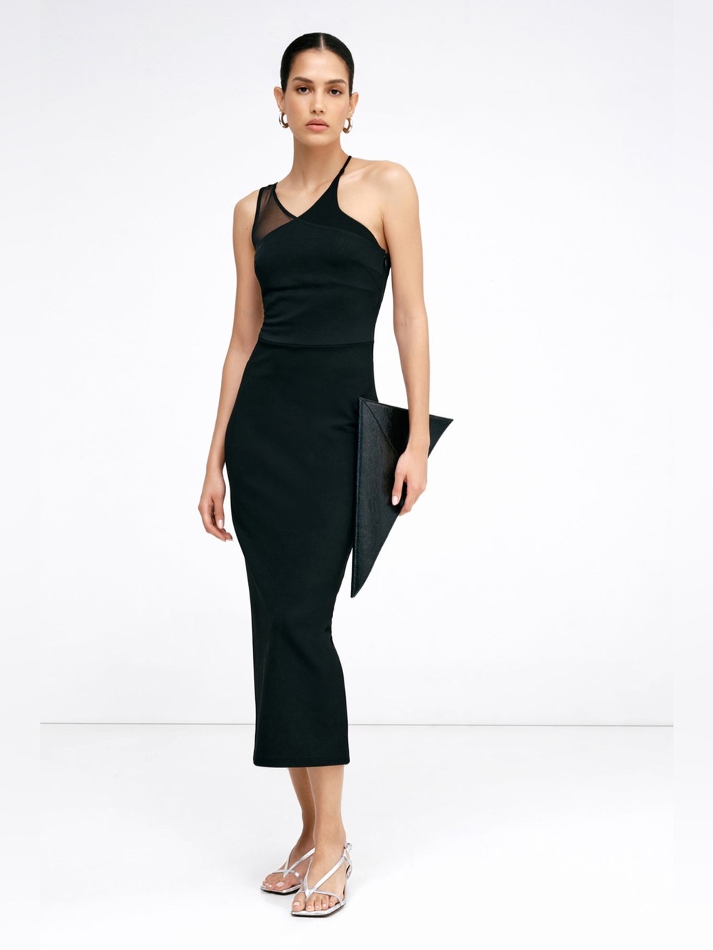 Marcella Vivica Black One-Shoulder Mesh Insert Midi Dress